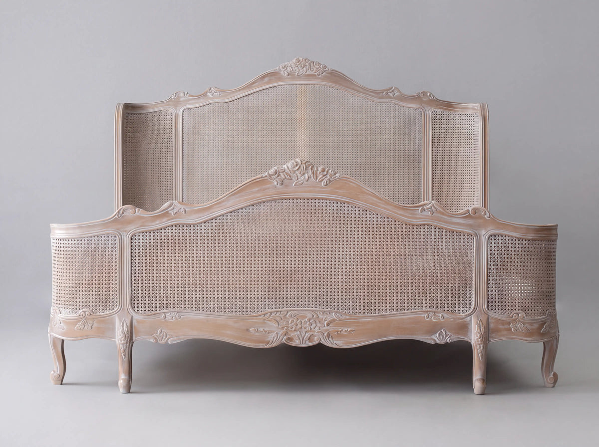 Three-quarter studio view of the Meravelle bedframe with its solid slat platform